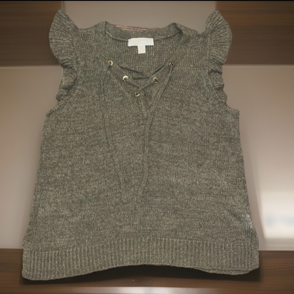 Michael Kors Women Sleeveless Ruffle Safari Green Laced Up Ribbed Trim Sweater